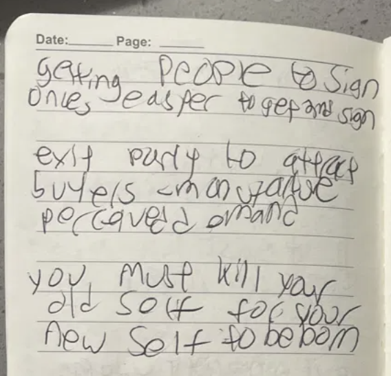 Handwritten dinner notes: getting people to sign, exit party to attract buyers, you must kill your old self for your new self to be born.