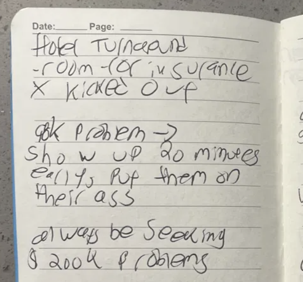 Handwritten dinner notes: hotel turnaround, show up twenty minutes early, always be seeking $200k problems.